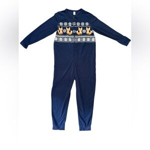 Navy Blue Womens 2XL One Piece with Fox Pattern Fleece Pajamas